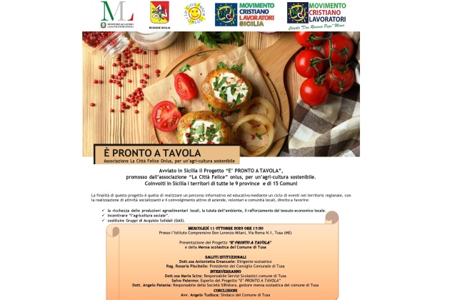 Tusa. Per un’agri-cultura sostenibile, mercoledi' 11 ottobre si presenta il Progetto “E’ PRONTO A TAVOLA” dell'associazione “La Città Felice” onlus